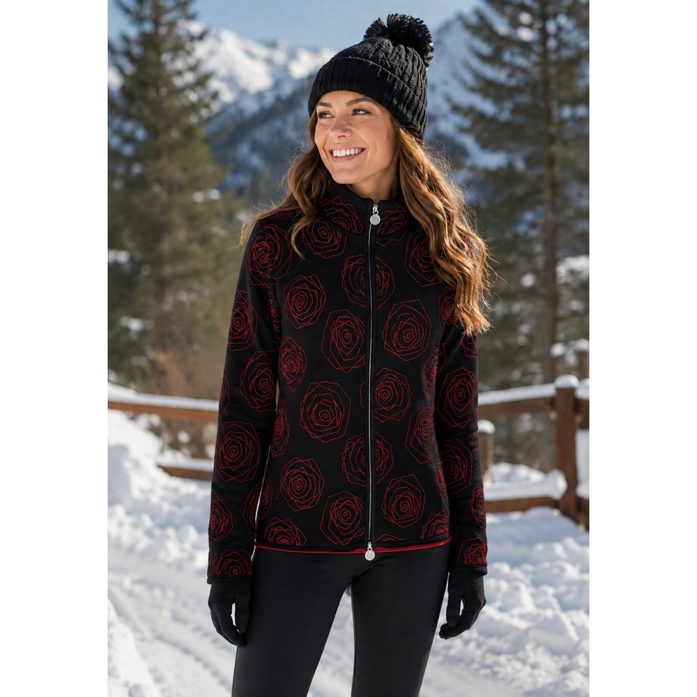 NEVE Designs Wool Floral Cardigan Sweater Mock Neck Black Pink Knit Zipper Small